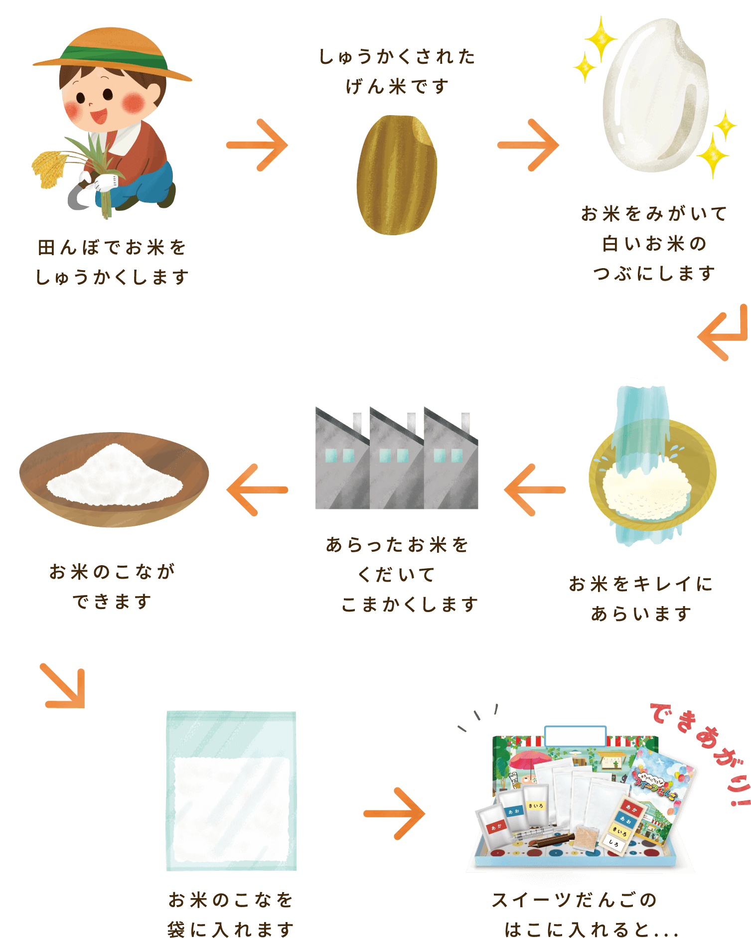 田んぼでお米をしゅうかくします→しゅうかくされたげん米です→お米をみがいて、白いお米のつぶにします→お米をキレイにあらいます→あらったお米をくだいてこまかくします→お米のこなができます→お米のこなを袋にいれます→スイーツだんごのはこに入れると・・・